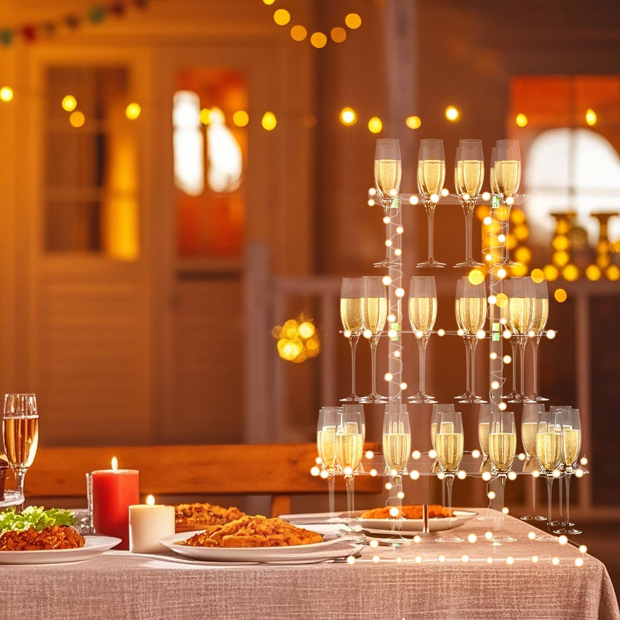 Champagne Display Holder Stand for Party, 3 Tier Clear Acrylic Wine Glass Stemware Rack Champagne Flute Holder with Led Light, Cocktail Tree Stand, 32 Slots, Measures 26" x 20" x 12" HeiMma