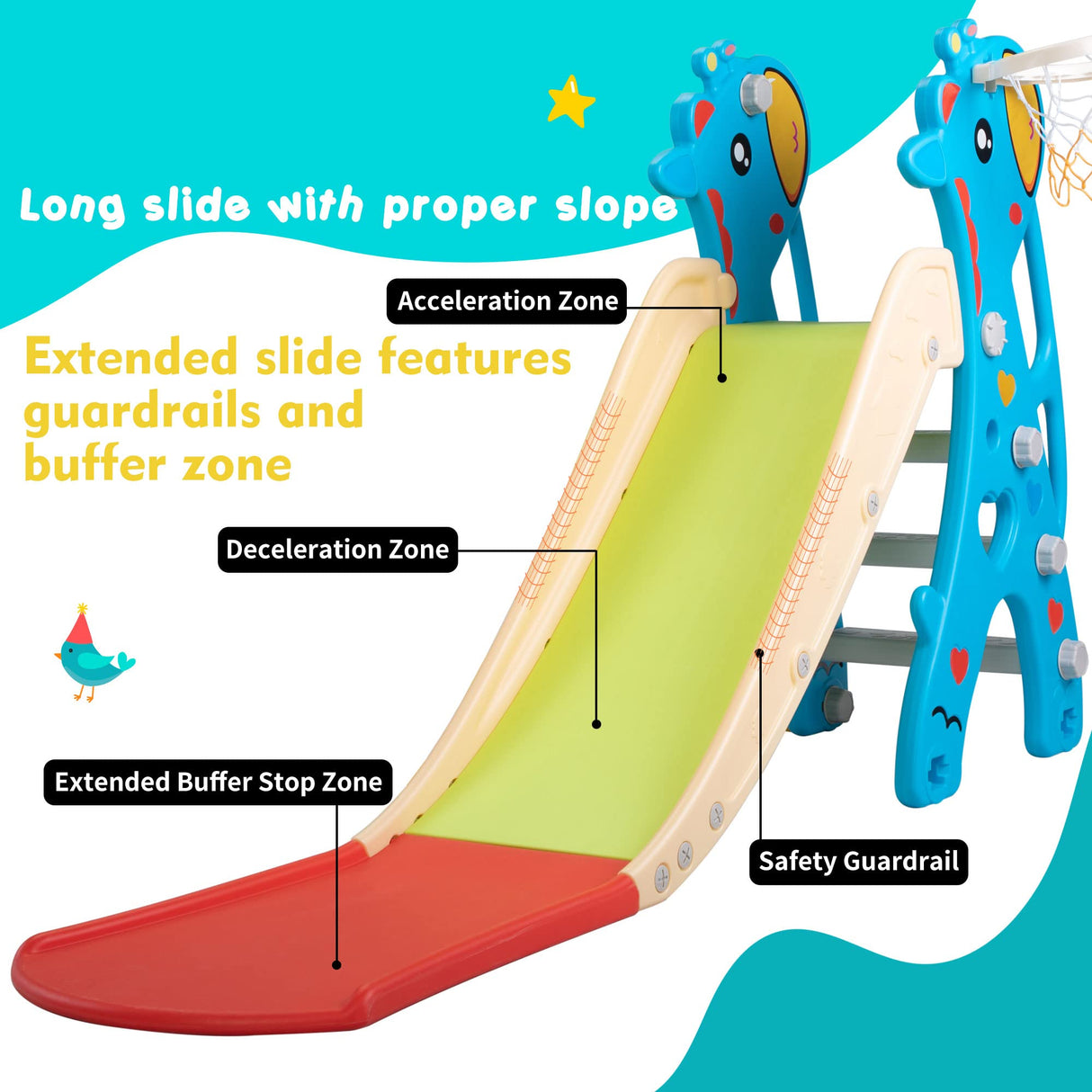 NYEEKOY 6 in 1 Toddler Slide and Swing Playset Indoor Outdoor Freestanding Playground Kids Slide Climber Swing Set with Basketball Hoop for Kids Age 3-12, Backyards Slide for Baby Nyeekoy