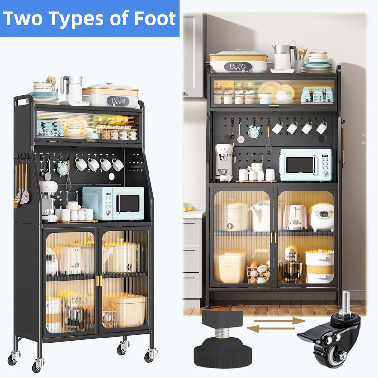 haiorjun Bakers Rack with Storage Cabinet, 66" Tall Kitchen Pantry Cabinet with Microwave Stand, Wheels, Doors and Metal Pegboard Panels for Living Room, Dining Room,Black haiorjun