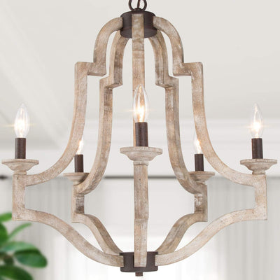 GEPOW Farmhouse Chandeliers for Dining Room, Rustic Wood Chandelier Lighting Fixture, 5-Light French Country Chandelier for Kitchen Island, Living Room, Bedroom and Entryway
