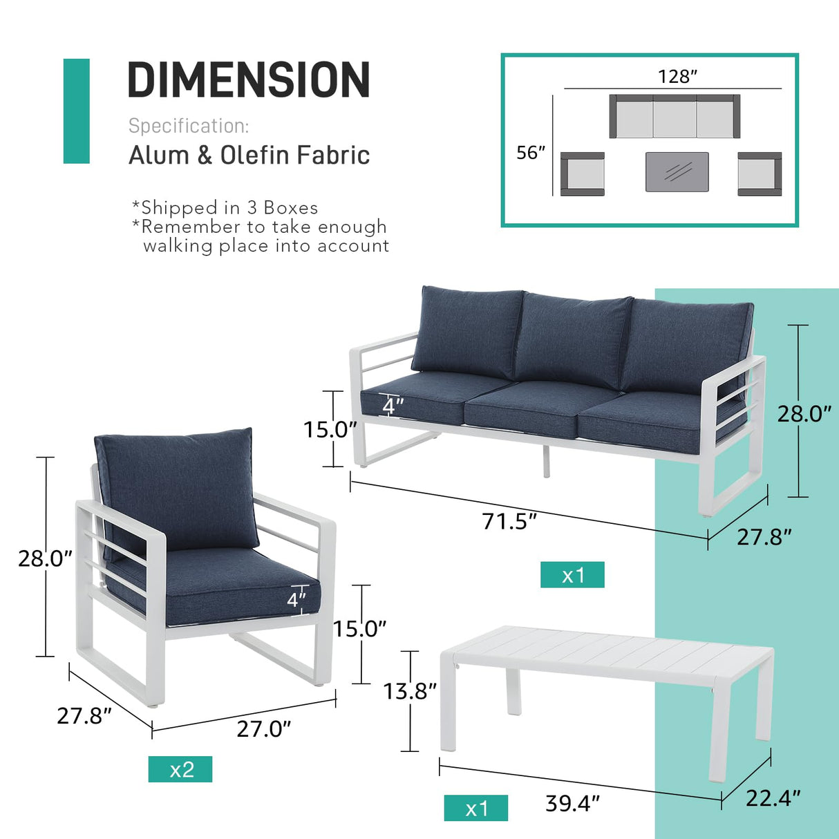 Patiorama Aluminum Patio Furniture Set, 4 PCS Modern Patio Conversation Set, All Weather White Outdoor Sectional Sofa Set w/Table, 3-Seater Sofa, Superior Olefin Cushion, Garden-Blue Cushion Patiorama