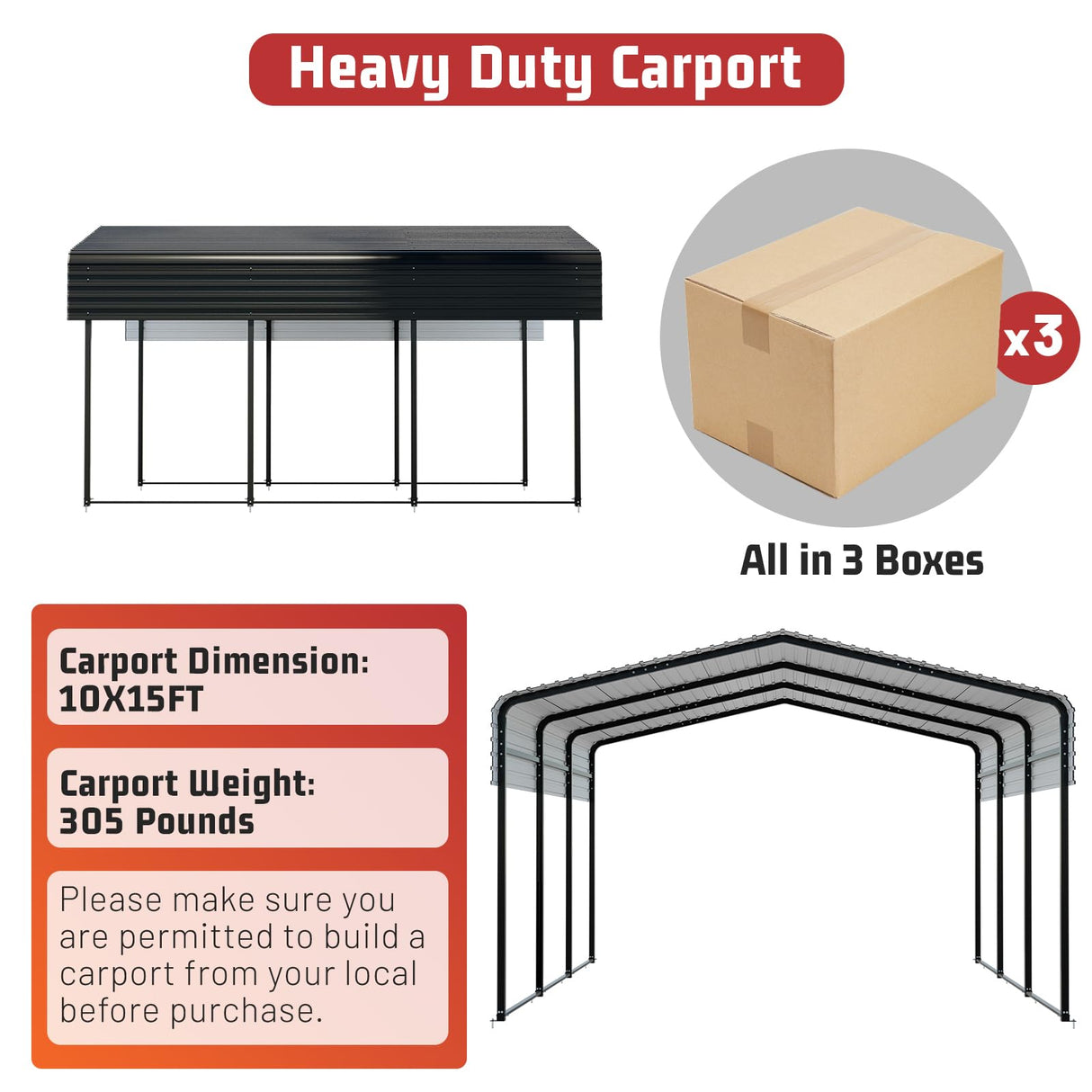 NUGRIART Metal Carport 10 x 15 FT with Heavy Duty Metal Frame & Galvanized Steel Roof, Metal Car Garage, Sturdy Canopy Shelter for Car, Truck, Pickup, SUV, Tractor, and Boat NUGRIART