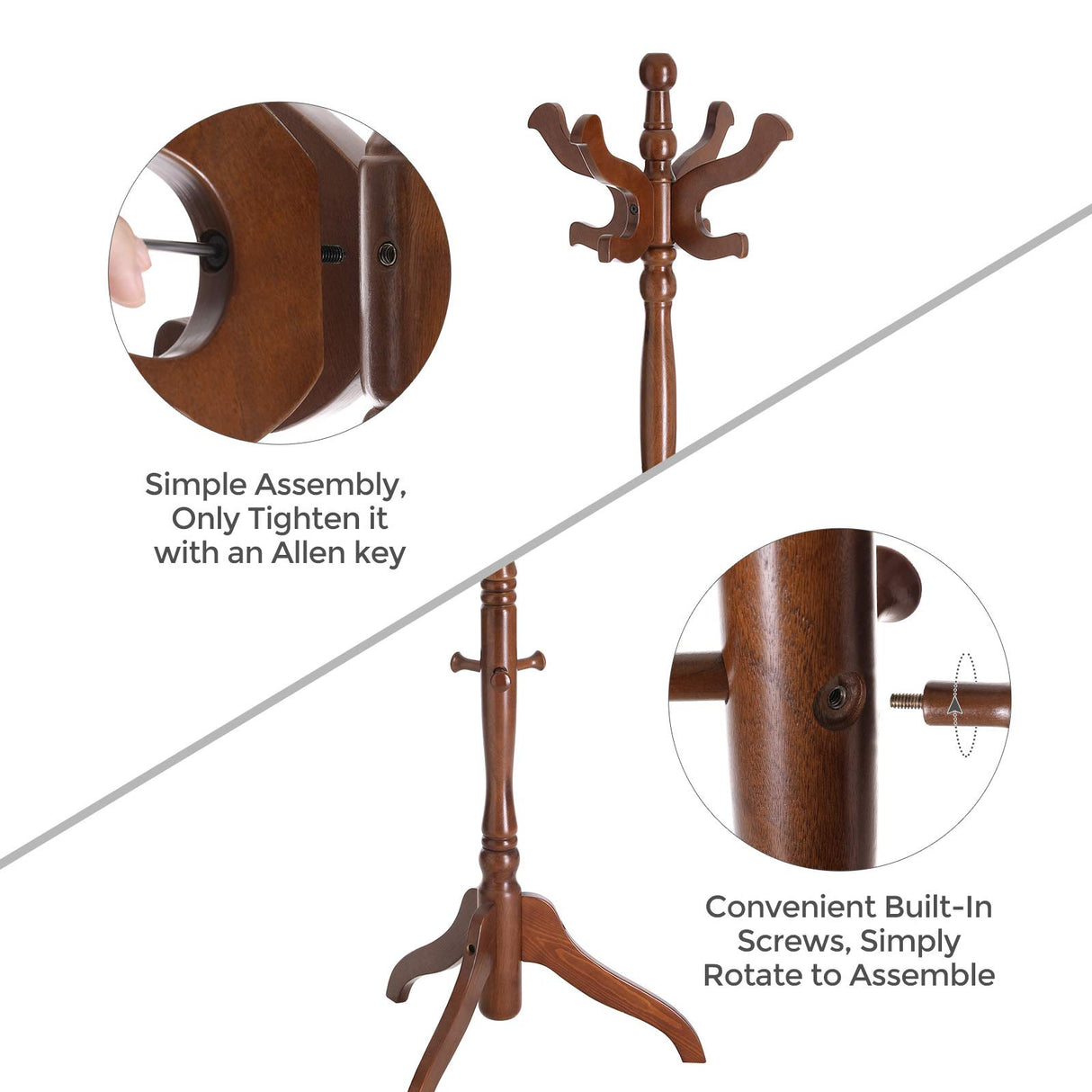 VASAGLE Coat Rack Free Standing with 11 Hooks, Wooden Hall Tree Coat Hat Tree Coat Holder with Solid Rubberwood Base for Coat, Hat, Clothes, Scarves, Handbags, Umbrella, Dark Walnut URCR05WN VASAGLE