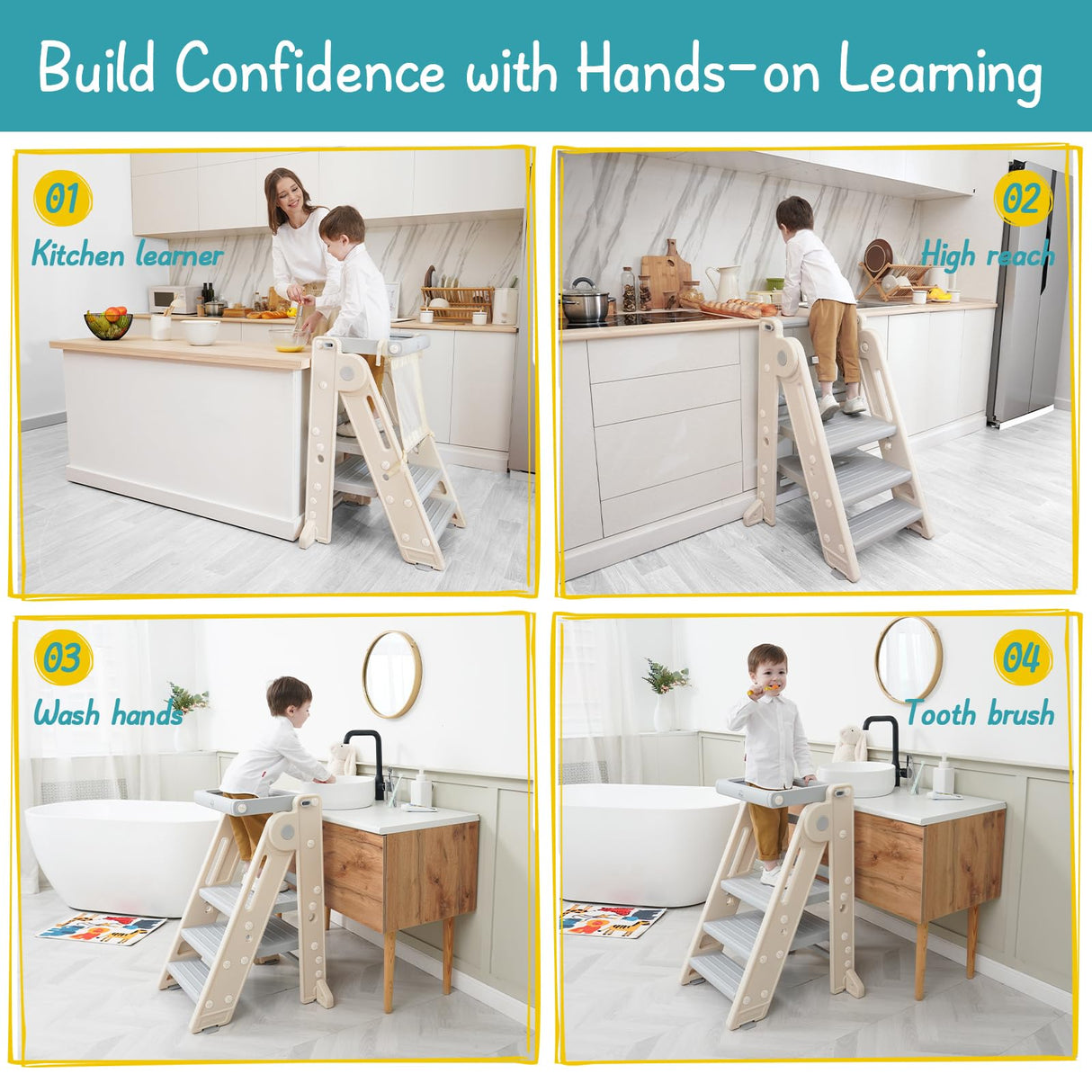 Forbena Foldable Toddler Tower Kitchen Learning Stool Helper, Montessori Kids Standing Tower for Counter, Collapsible Adjustable Baby Child Step Stool with Safety Net for Bathroom Sink (Grey) Forbena