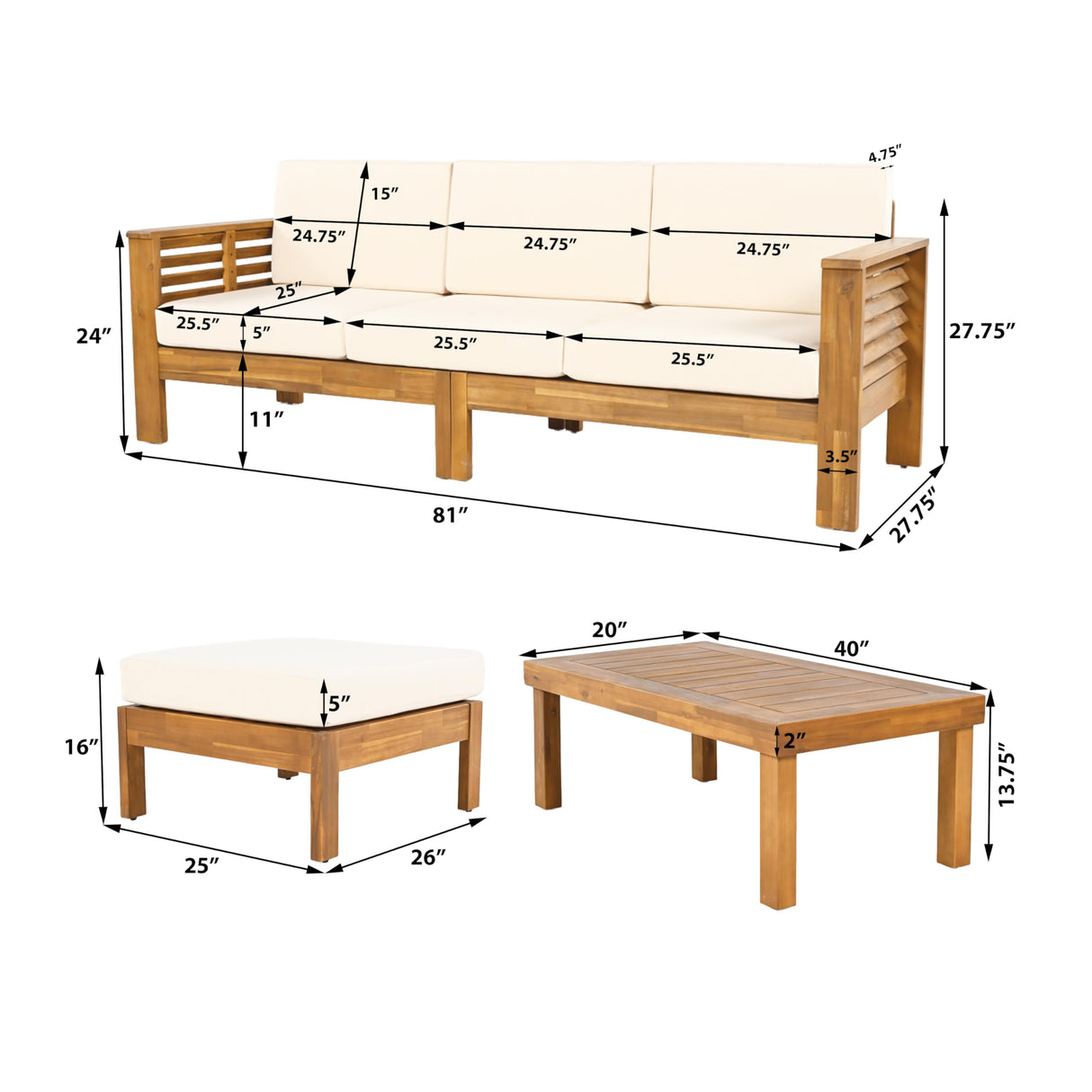 Christopher Knight Home Havets 3 Pieces Outdoor Acacia Furniture Set, Slat Panel Couch, Spacious Seating Armchair, 6" Thick Cushions Sofa and Coffee Table Set for Backyard Garden Balcony, Teak+Beige Christopher Knight Home