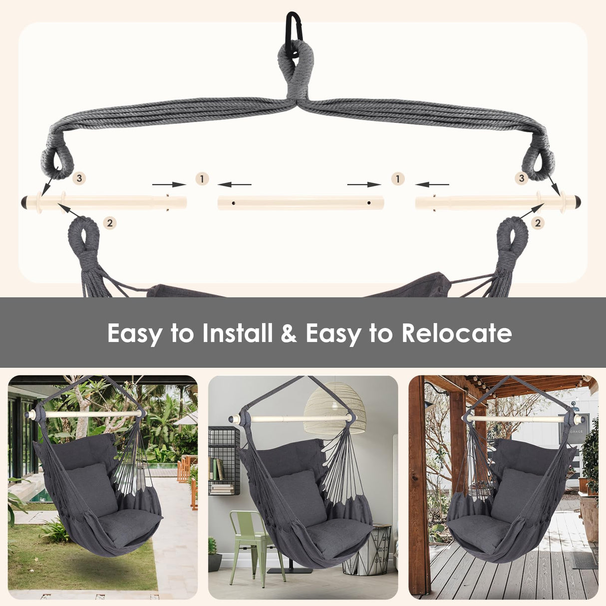 Highwild Hammock Chair Hanging Rope Swing - Max 500 Lbs - 2 Cushions Included - Steel Spreader Bar with Anti-Slip Rings - for Any Indoor or Outdoor Spaces (Grey) Highwild
