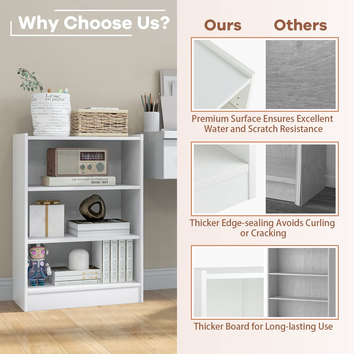 Tangkula White 3-Tier Adjustable Bookshelf with Anti-toppling Device for Modern Storage and Display Tangkula