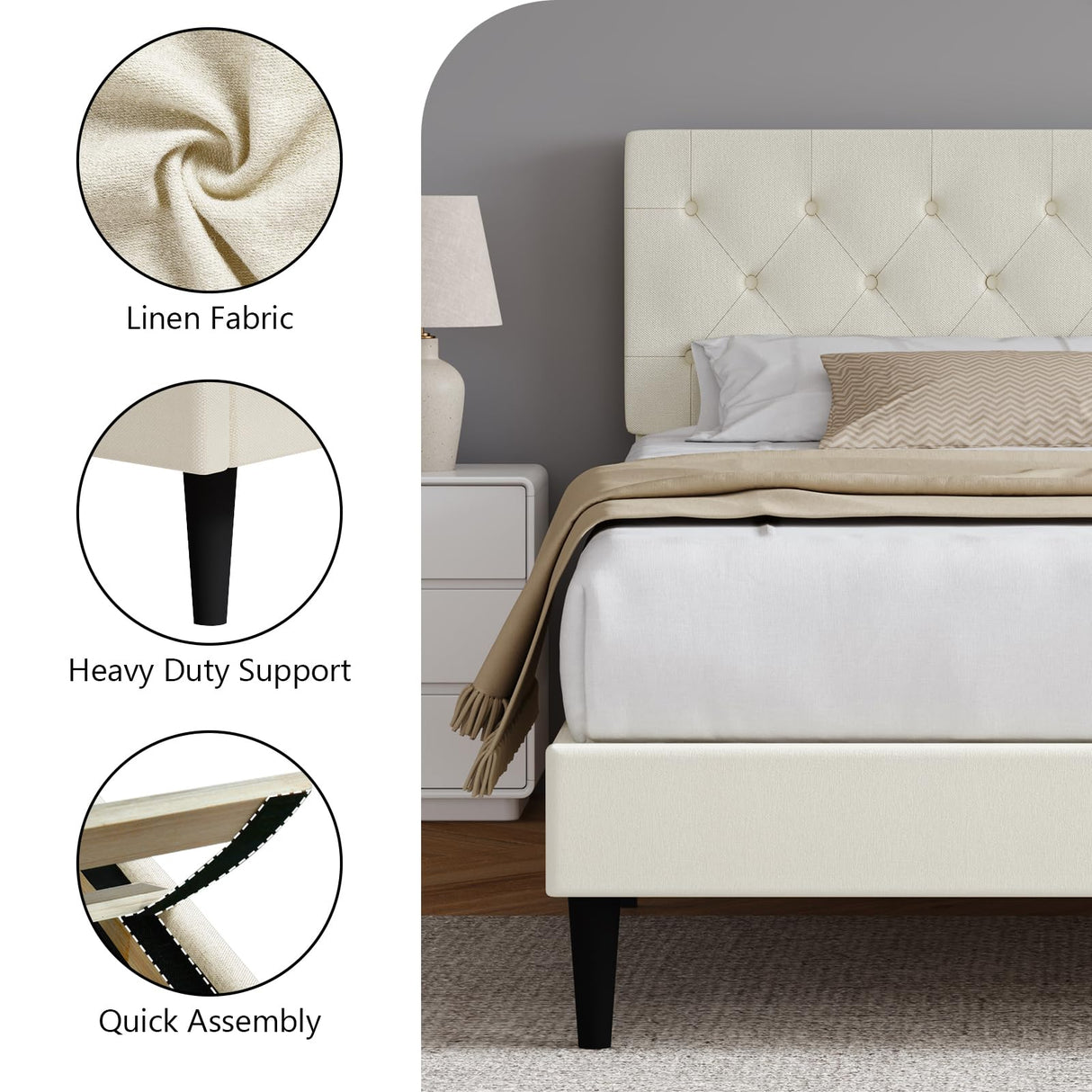 HOMBCK King Size Bed Frame with Headboard, Linen Fabric Upholstered Platform Bed Frame, Button Tufted Bed Frame King, Wooden Slat Support, No Box Spring Needed, Easy Assembly, Cream HOMBCK