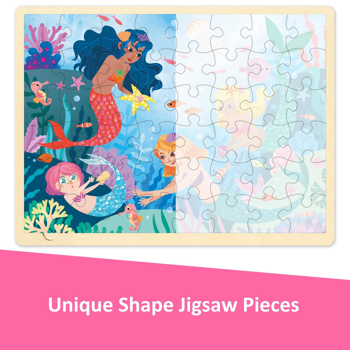 MoinKidz 48 Piece Puzzles for Kids Ages 3-5, Fun Mermaid Wooden Jigsaw Puzzles for 3 Year Old with Unique Puzzle Pieces, Preschool Toddler Puzzles Ages 4-8 with Puzzle Tray MoinKidz