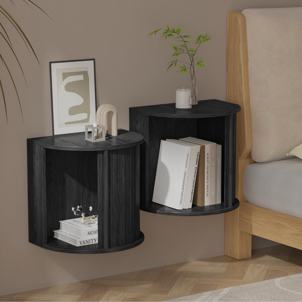 Floating Curved Nightstand Set of 2,Wooden Fluted Wall Mounted Small Bedside Table with Sliding Roller Shutter Door Storage,Suitable for Modern Small Space Bedroom(Floating nightstand-Black-06) Ktfhvgy