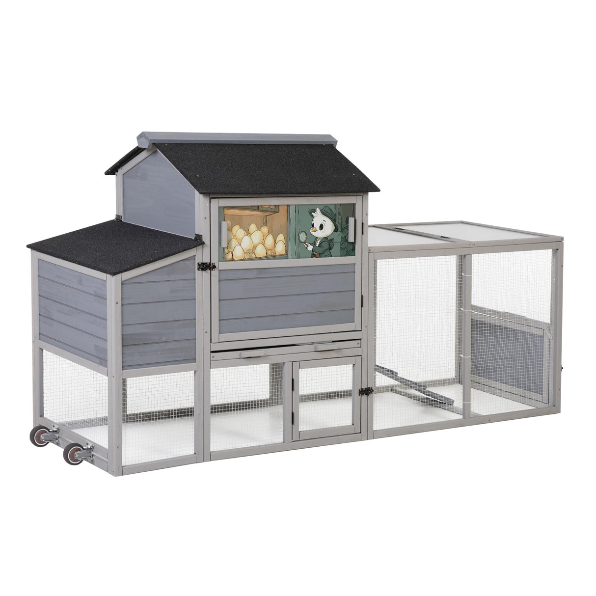 COZIWOW 82" Large Wooden Chicken Coop, Outdoor Rabbit Hutch with Wheels, Sunshine Board, Asphalt Roof, Ramp, Openable Top, Door, Window, Pull-Out Tray, Indoor Bunny Cage (Gray with Pattern) COZIWOW