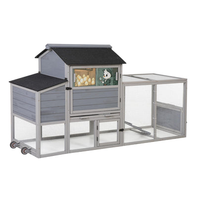 COZIWOW 82" Large Wooden Chicken Coop, Outdoor Rabbit Hutch with Wheels, Sunshine Board, Asphalt Roof, Ramp, Openable Top, Door, Window, Pull-Out Tray, Indoor Bunny Cage (Gray with Pattern)