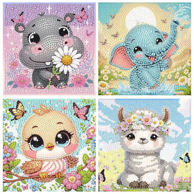 4 Pack Cartoon 5D Diamond Art Kits for Kids,Cute Animals DIY Painting Art Kit for Kids Ages 4-8-12 Mosaic Kits,Diamond Art Painting Craft Kits,Gem Art Full Drill Diamond Dots for Children Gifts 6x6In Canrichshop