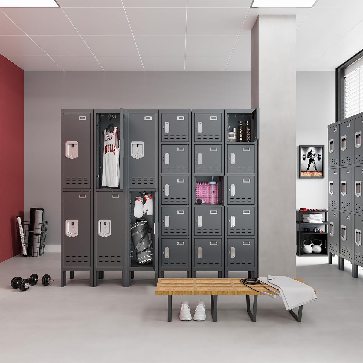 BUTISOW Metal Locker with 5 Doors,Lockers for Employees,66'' Steel Storage Locker for School,Gym, Office, Office,Garage,Lockable Metal Storage Cabinet with Hooks,Card Slots,Requires Assembly BUTISOW