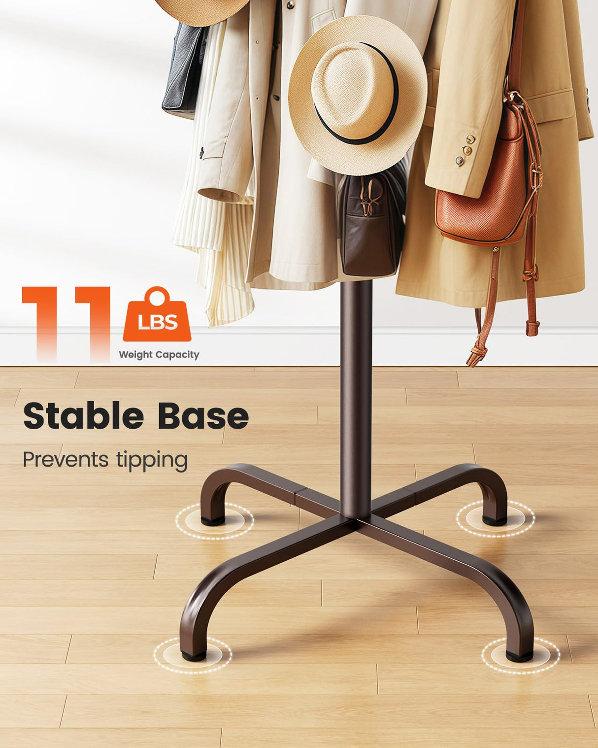 Pipishell Coat Rack with 14 Hooks, Freestanding Coat Rack Stand for Entryway, Hallway, Bedroom, and Office, Metal Coat Tree & Hat Rack for Coats, Hats, and Bags, Brown Pipishell