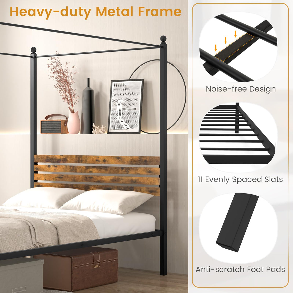 Giantex Metal Canopy Bed Frame Full Size, 4-Poster Platform Bed with Industrial Headboard and Under Bed Storage, Heavy-Duty Mattress Foundation No Box Spring Needed, Easy Assembly, Black Giantex