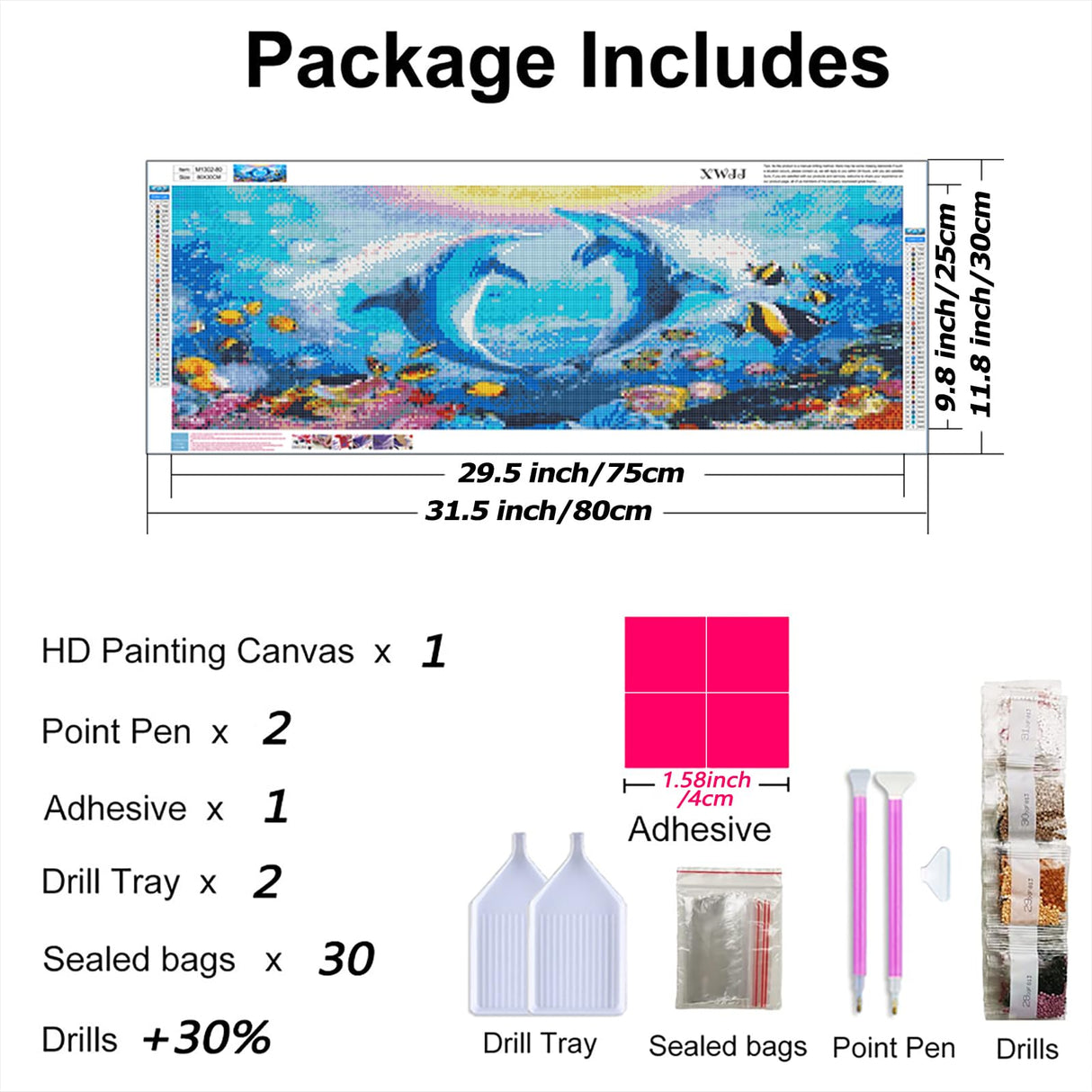 DIY 5D Diamond Painting Kits for Adults Dolphin Embroidery Full Round Drill Large Size(31.5x11.8 inch) Diamond Crystal Gem Arts Painting Craft for Home Wall Decor XWJJ