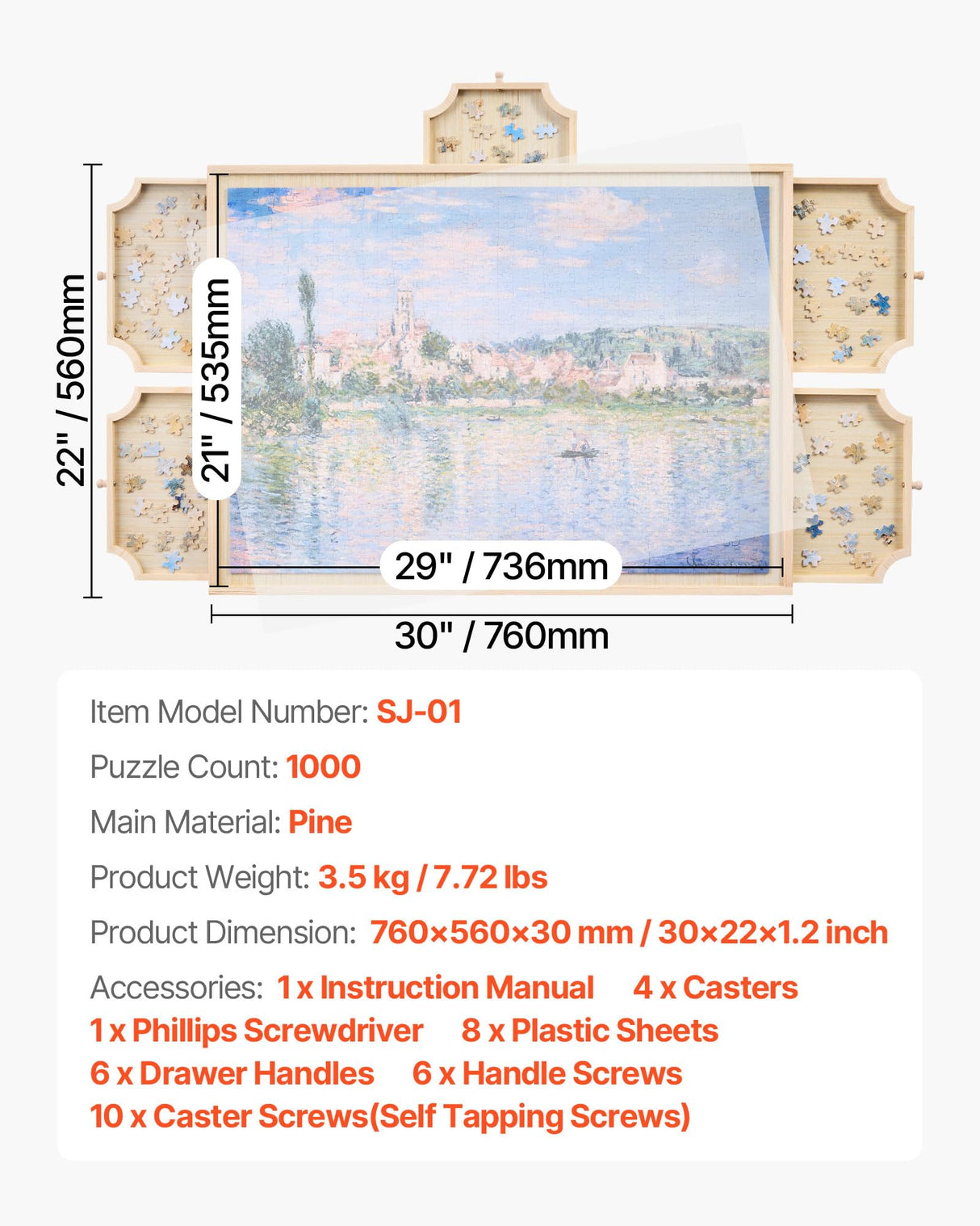 VEVOR 1000 Piece Rotating Puzzle Board with 5 Drawers and Cover, 29x21 in Portable Wooden Table, Jigsaw Puzzle Accessories for Adults, Puzzles Organizer Storage System, Birthday Gift for Mom VEVOR