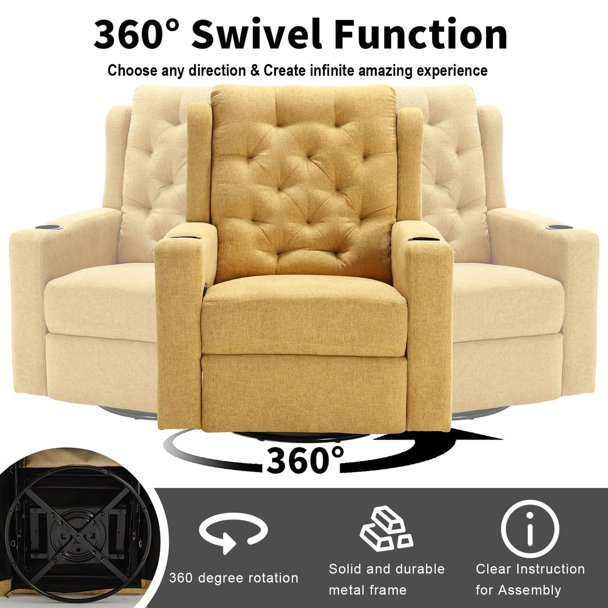 Comermax 330lbs Wide Seat Massage Swivel Rocker Recliners Oversized Yellow Manual Recliner Chairs with Cup Holders for Adults, Comfortable Reclining Rocking Glider Chair Comermax