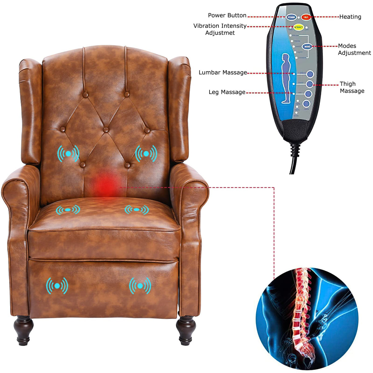 VUYUYU Wingback Recliner Chair, Push Back Arm Chair with Heat and Massage, PU Leather Single Sofa for Home, Living Room, Office, Bedroom(Cognac Brown,Set of 2) VUYUYU