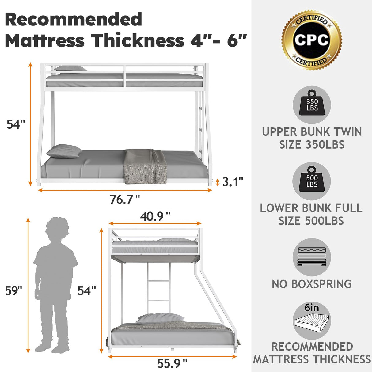 Zevemomo Twin Over Full Bunk Bed, Metal Low Profile Bunkbeds with Full-Length Guardrail and Ladder, Space Saving, No Boxing Spring Needed, White Zevemomo
