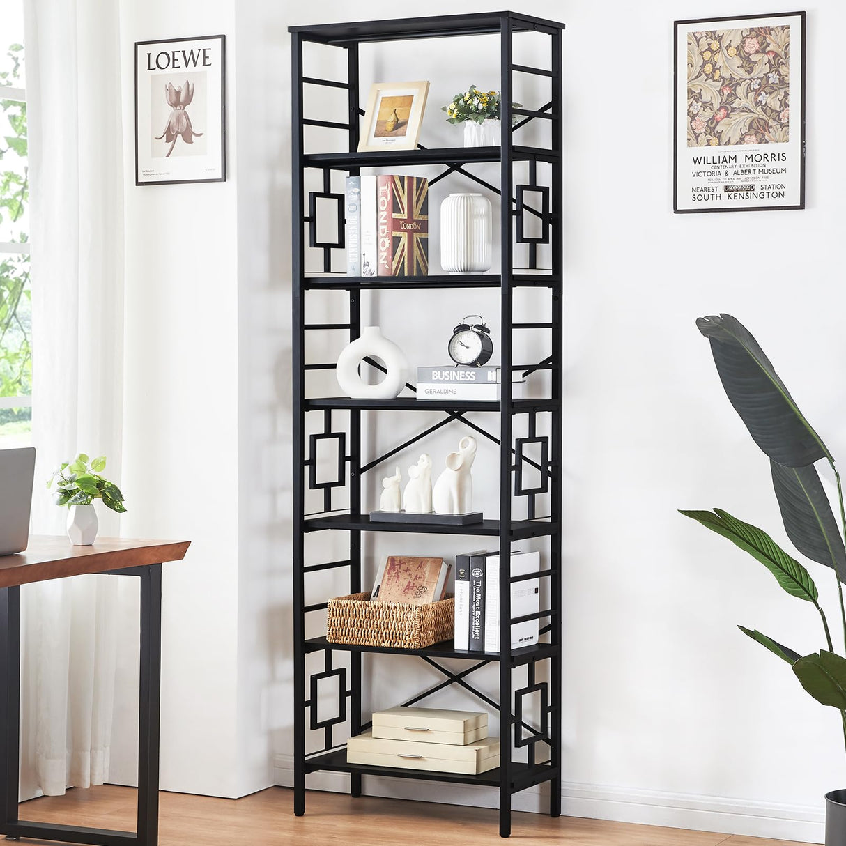 HOMISSUE Tall Bookshelf, 84 Inch Industrial Bookshelf with Metal Frame and Open Shelves, 7 Tier Metal Bookshelves and Bookcases, Rustic Tall Book Shelf for Office, Living Room and Bedroom, Black HOMISSUE