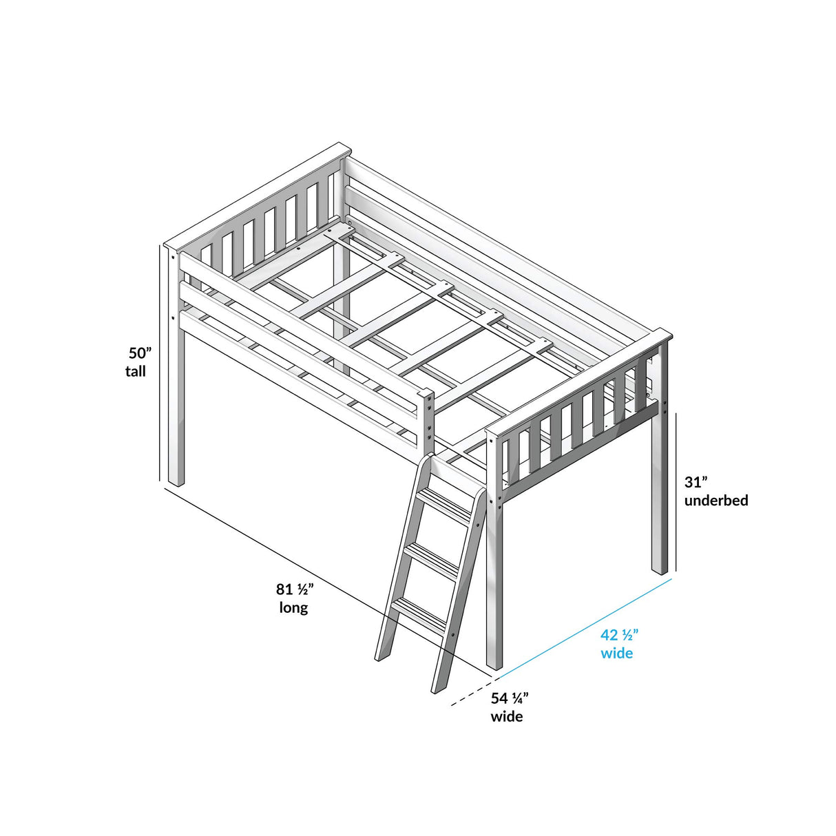 Max & Lily Low Loft Bed, Twin Bed Frame For Kids, White Max & Lily