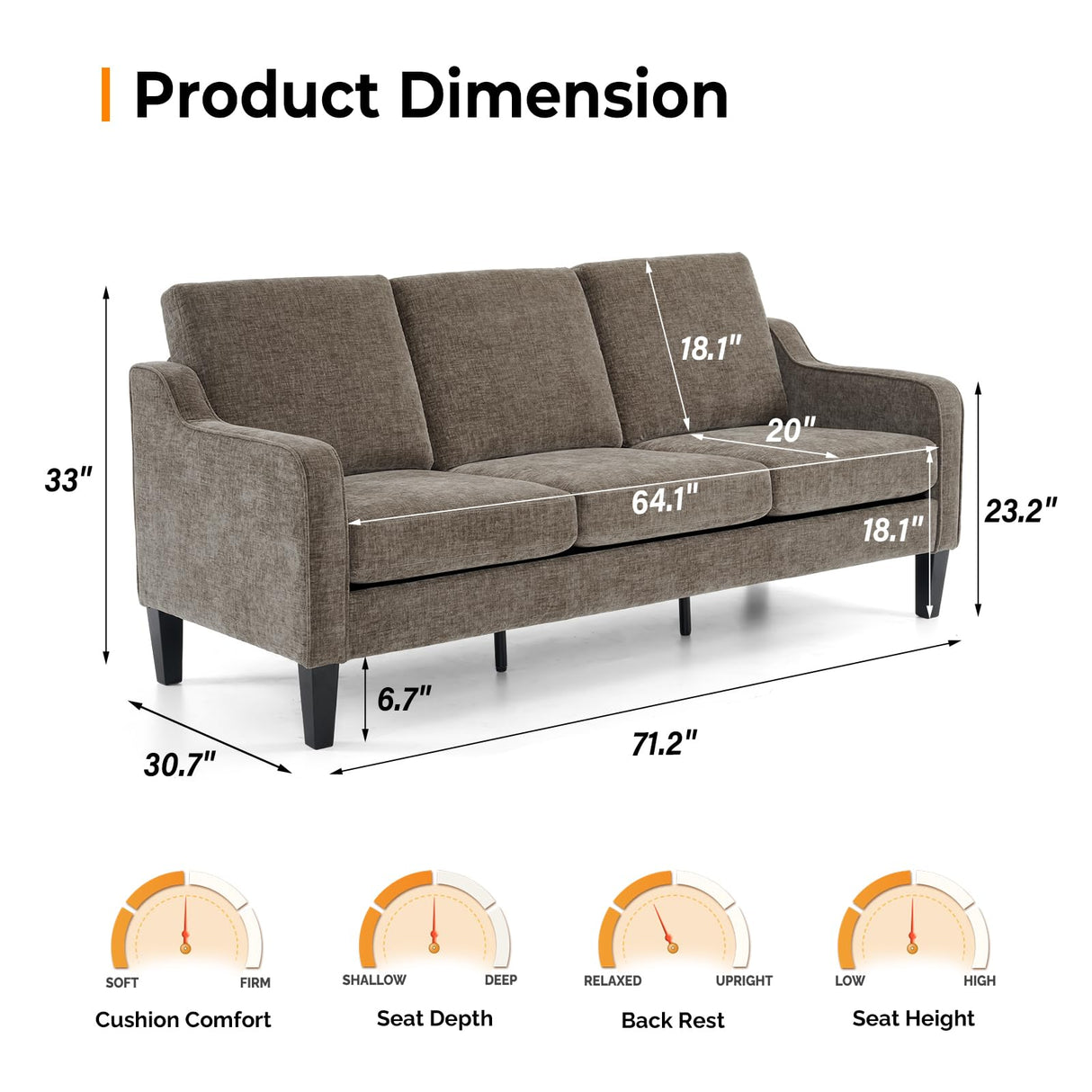 VINGLI Couches for Living Room, Brown 71" Small Sofa Mid Century Modern Couches 3 Seater Comfy Couch Upholstered Soft Chenille Floor Couch for Bedroom, Apartment, Office VINGLI