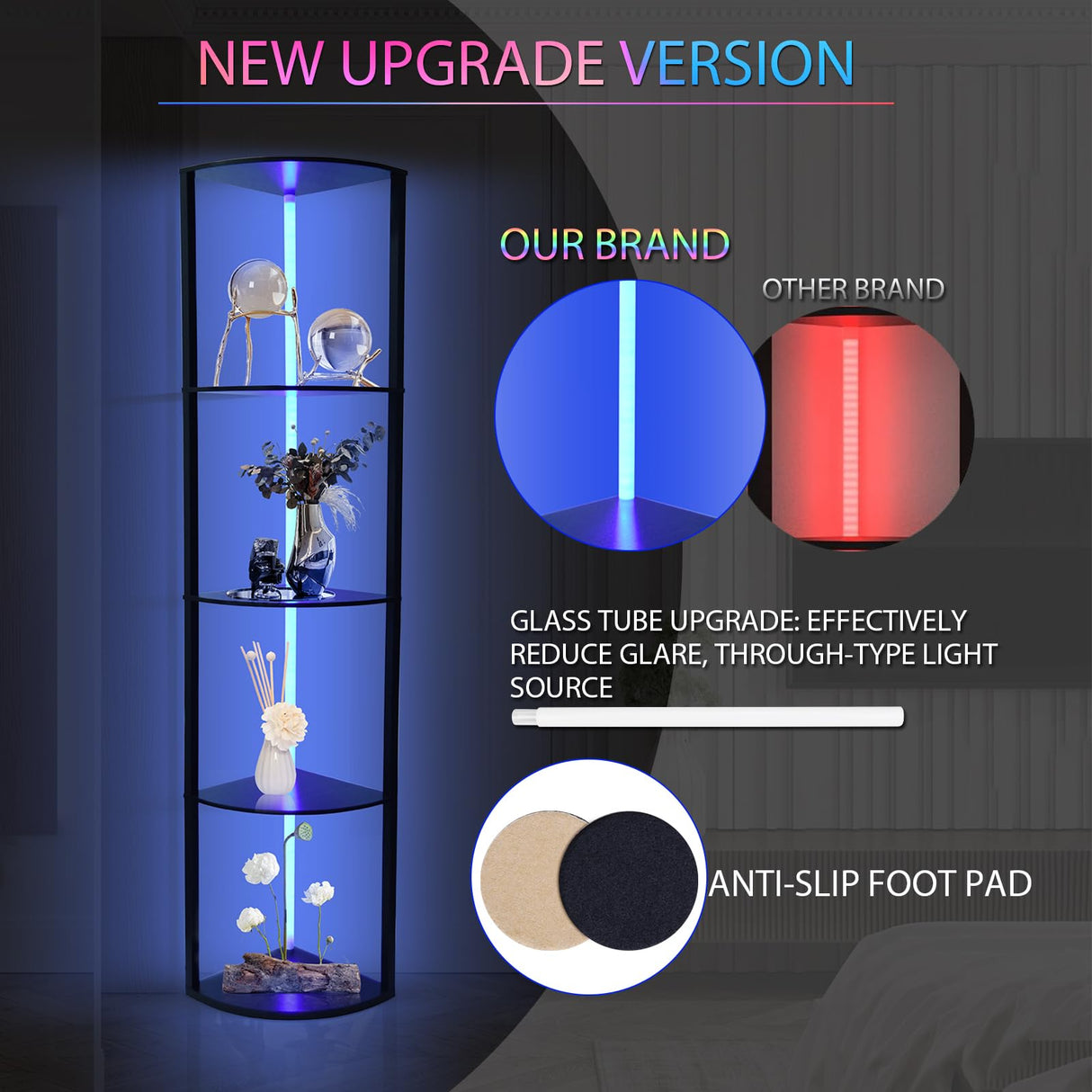 5 Tiers Corner Shelf with Light, WIFI RGB LED Floor Lamp Compatible with Alexa, Smart App and Remote Control, Corner Display Cabinet with Storage Rack for Collectibles Curio Living Room Bedroom Home XIIW