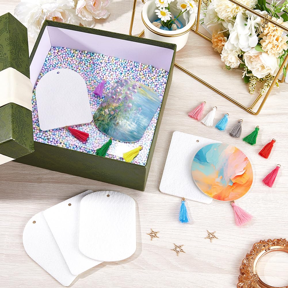 SOFPLATE 40Pcs Sublimation Air Freshener Blanks Car Scented Sublimation Blanks Products Accessories Arch Rectangle Round Felt Heat Tranfer Printing with 40pcs Tassels Bags Cord for Home Hanging Decor SOFPLATE