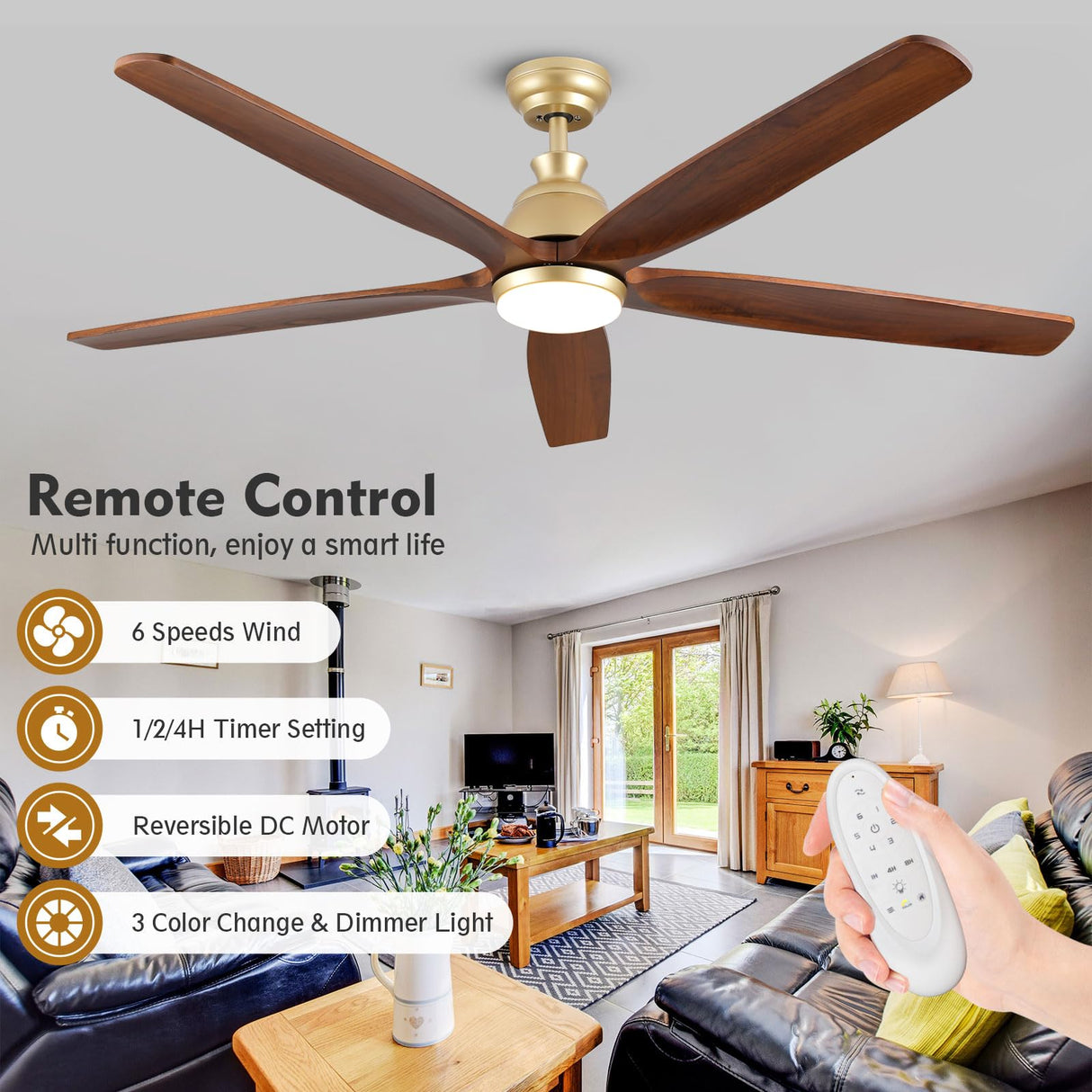 60 Inch Outdoor Ceiling Fan with Light and Remote, Gold Ceiling Fans with Lights, Solid Wood Blade, Quiet Reversible DC Motor, Damp-Rated Large Outdoor Ceiling Fans for Patios Porch Gazebo Farmhouse ShreeFindee