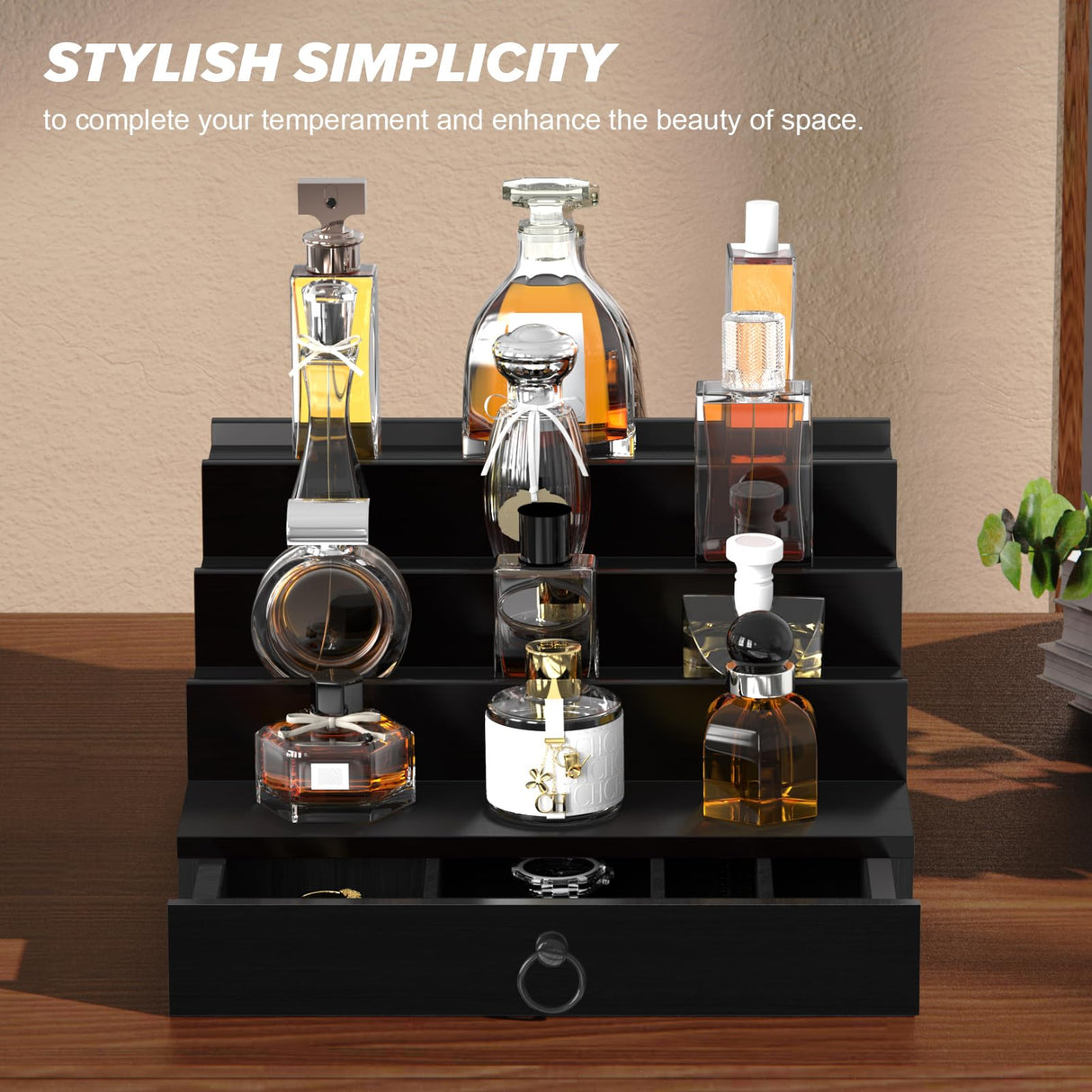 upcessory Cologne Organizer for Men, 4 Tier Black Wood Perfume Organizer with Felt Lining Drawer and Hidden Compartment, Perfume Display Holder, A Gift for Men upcessory