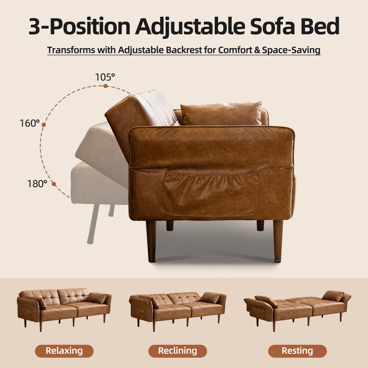 HALLYBEE 85” Futon Sofa Bed, Sleeper Sofa, Small Couch with Storage Adjustable Armrests Pillows, Faux Leather Loveseat, Mid Century Modern Couches for Living Room, Bedroom, Apartment, Brown HALLYBEE