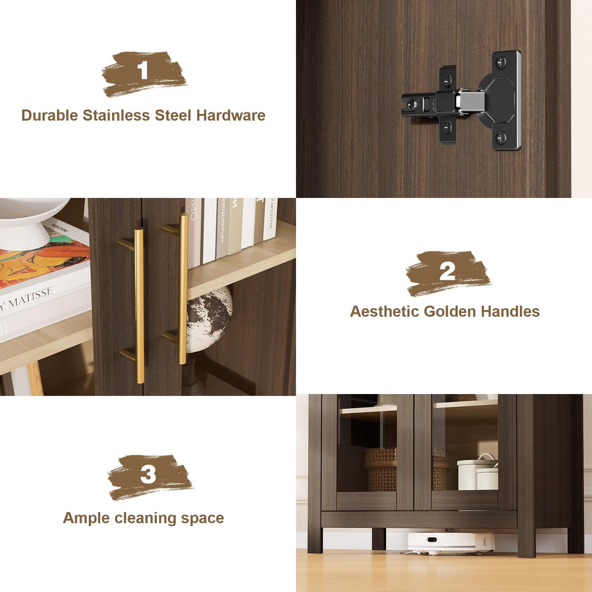 Skyrain 73'' Tall Arched Cabinet, Wood Kitchen Pantry Cabinets with Glass Doors, 5-Tier Storage Hutch with Adjustable Shelves & Metal Handles, Modern Bookcase for Dinning Room, Living Room, Brown Skyrain