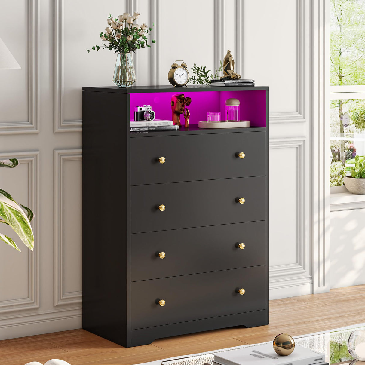 EnHomee Dresser with LED Light, Tall Dresser for Bedroom, Black Dresser&Chest of Drawers Wooden Dresser for Hallway, Closet, Entryway, 43.3" H x 27.5" W x15.7 D EnHomee