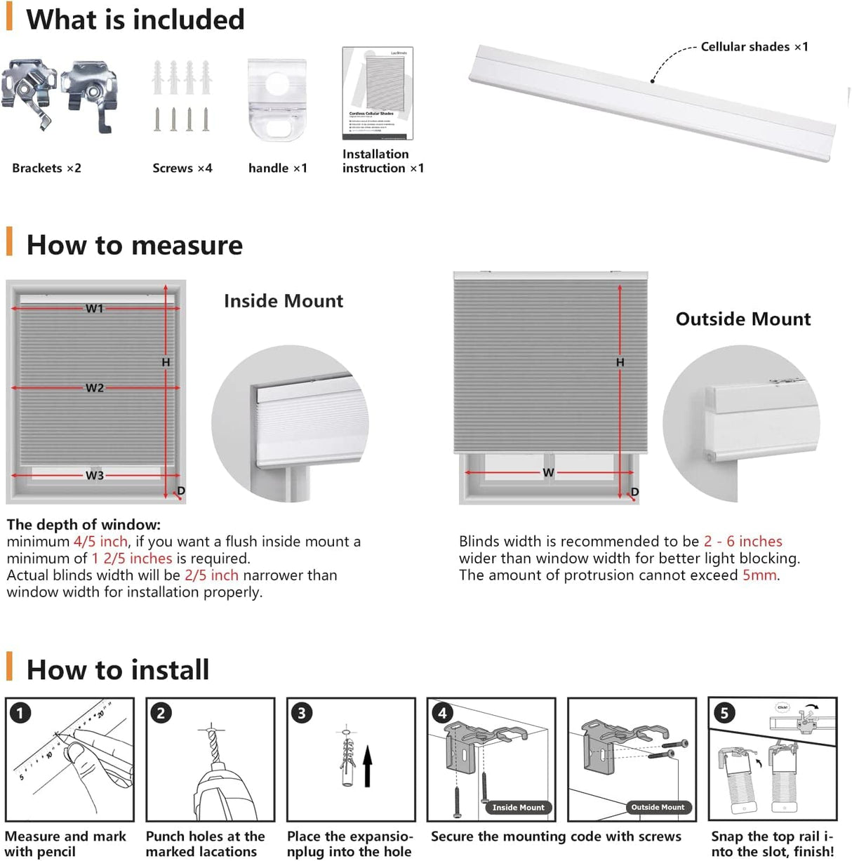 LazBlinds Cordless Cellular Shades, Blackout Privacy Honeycomb Shades for Home, Thermal Insulation Noise Reduction Blinds for Windows, 22'' W x 36'' H, White LazBlinds
