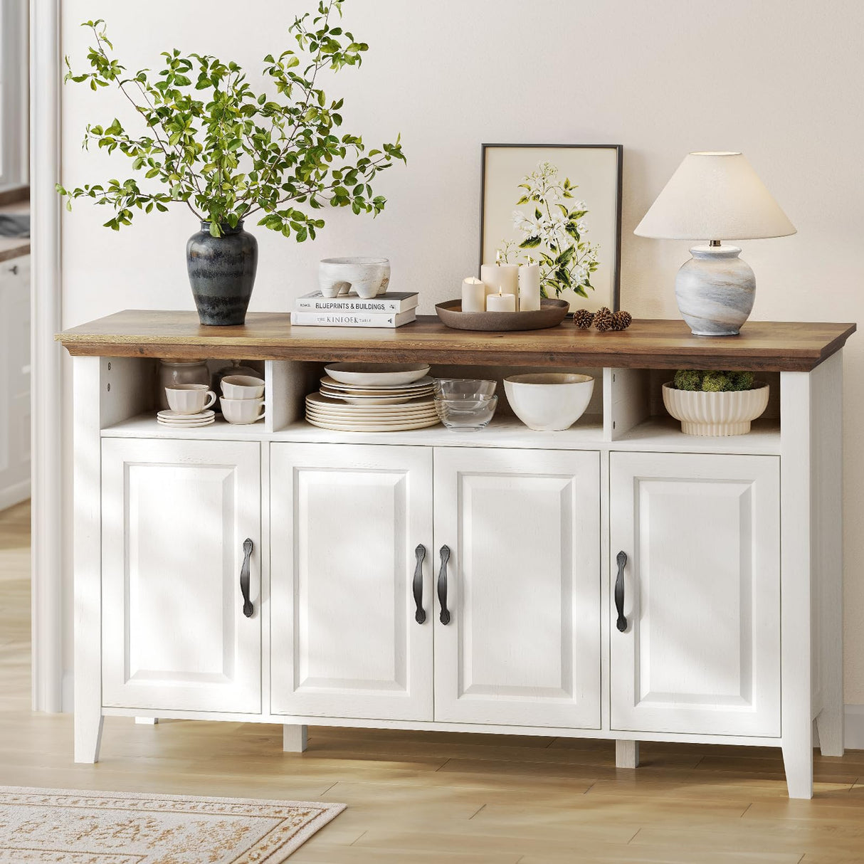 Amada Buffet Cabinet with Storage, 55" Large Sideboard Storage Cabinet with Adjustable Shelves, 4 Doors, Modern Farmhouse Coffee Bar Cabinet, Kitchen Table for Dinning Living Room, Oak and White AMADA HOMEFURNISHING
