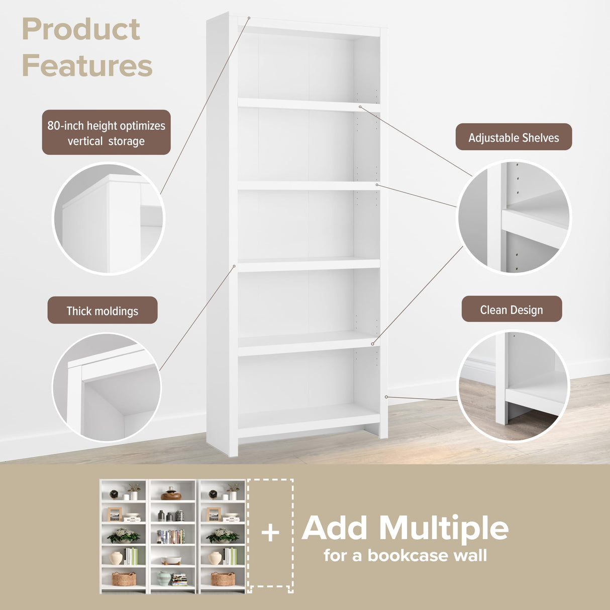 Prepac Moda 5-Tier Tall Wooden Bookcase, White Storage Cabinet, Display Cabinet, Bookshelf with Storage Shelves 31.75" W x 80" H x 12" D for Home Office, Living Room, Bedroom Organizer Prepac