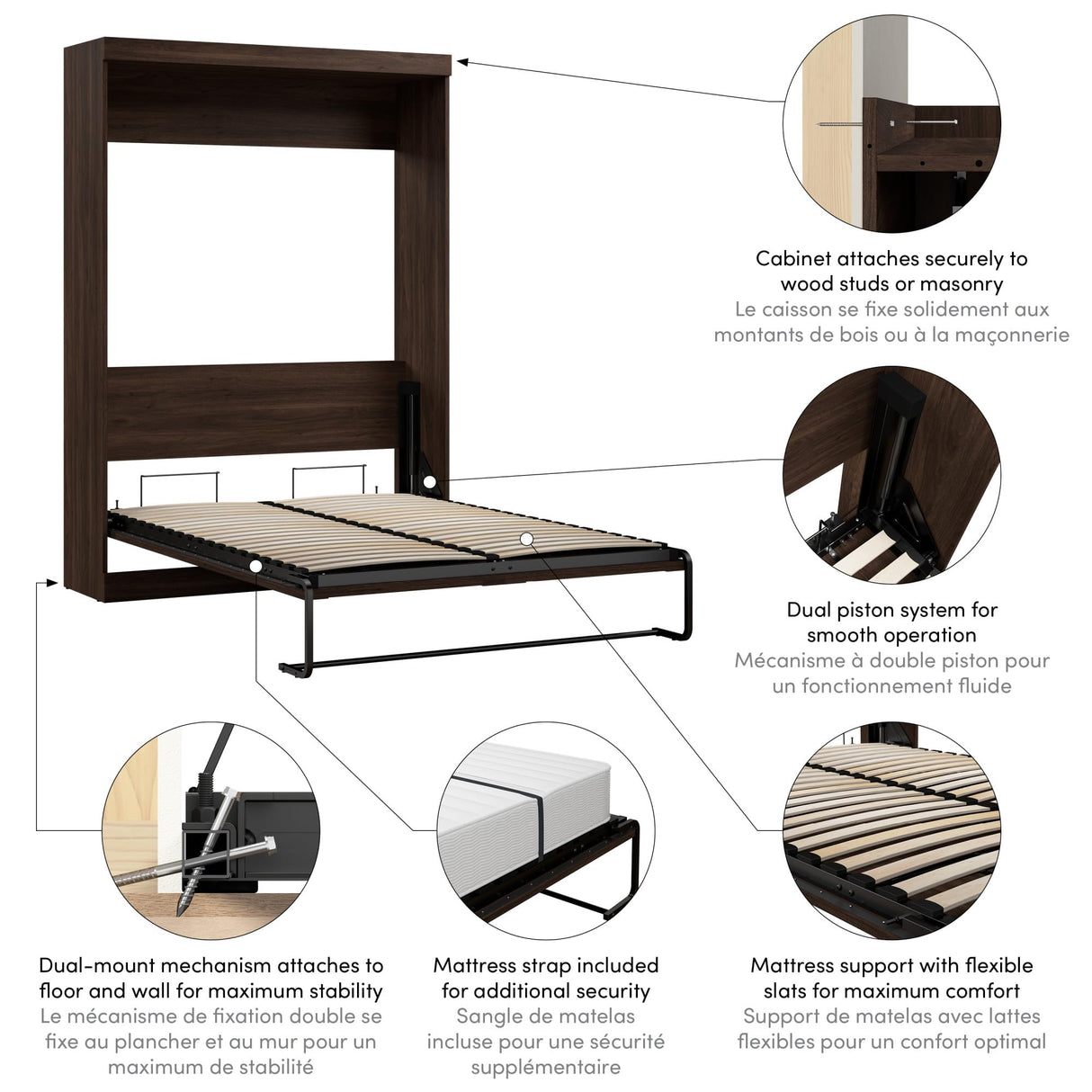 Bestar Pur Full Size Murphy Bed in Black Walnut, 59-inch Space-Saving Sleeping Arrangement for Multipurpose Area, Bedroom, Guest Room, or Living Room Bestar