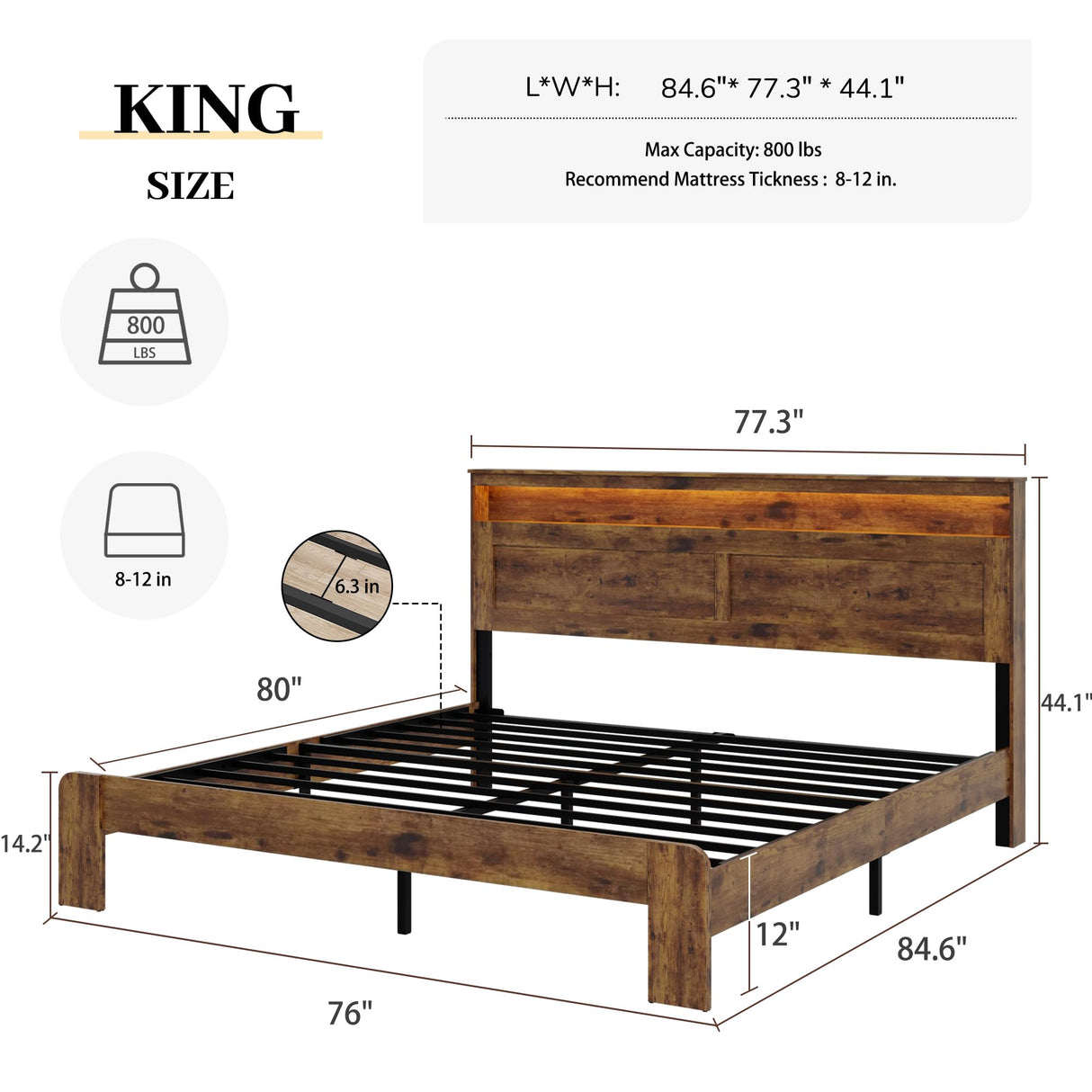 PAUKIN King Size Wooden Bed Frame with Headboard, Rustic Farmhouse Wooden Bedframe with LED Lights and Charging Station, Easy Assembly, No Box Spring Needed (Rustic Brown, King) PAUKIN