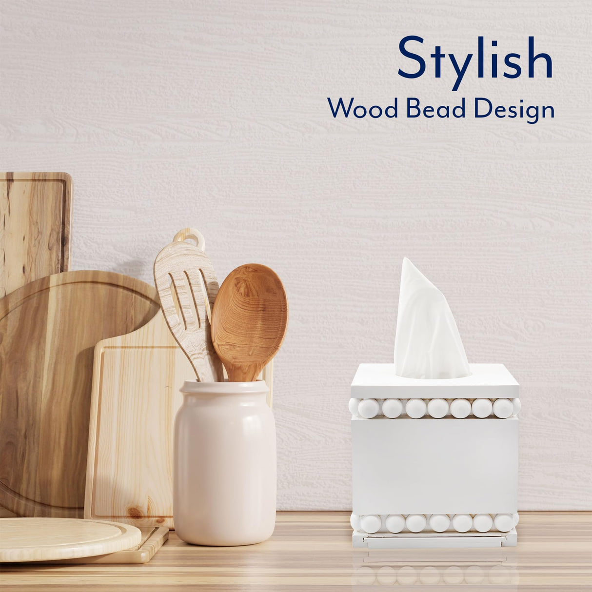 AuldHome Beaded Square Tissue Box Cover (White); Rustic Farmhouse Wood Tissue Holder AuldHome Design