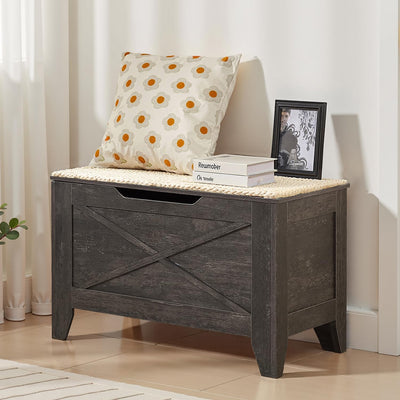 VECELO 30" Storage Chest with Lift Top Storage, Farmhouse Style Ottoman with Handwoven Wicker Cushion, Safety Hinges, Ideal for Entryway, Bedroom, Living Room, Coal Gray