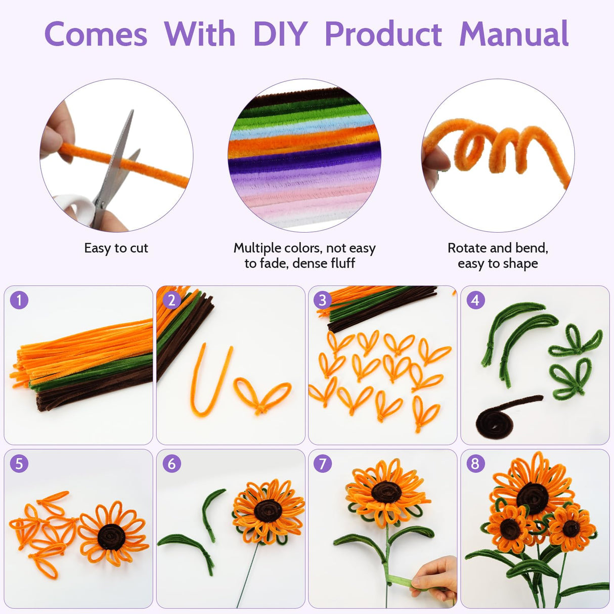 800 PCS Pipe Cleaners Craft, Pipe Cleaners Flowers Kit with Handle, 13 Colors Chenille Stems with Instruction, Art and Craft Supplies beanicus