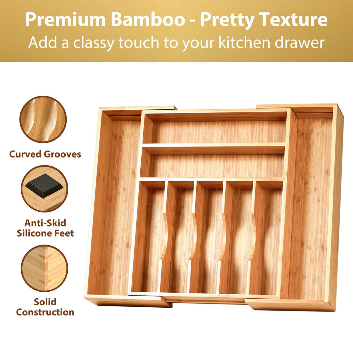 Umilife Large Expandable Kitchen Siverware Utensils Drawer Organizer, 2.5" Extra High Adjustable Drawer Divider with Curved Grooves, Bamboo Wood Cutlery Tray Flatware Holder Umilife