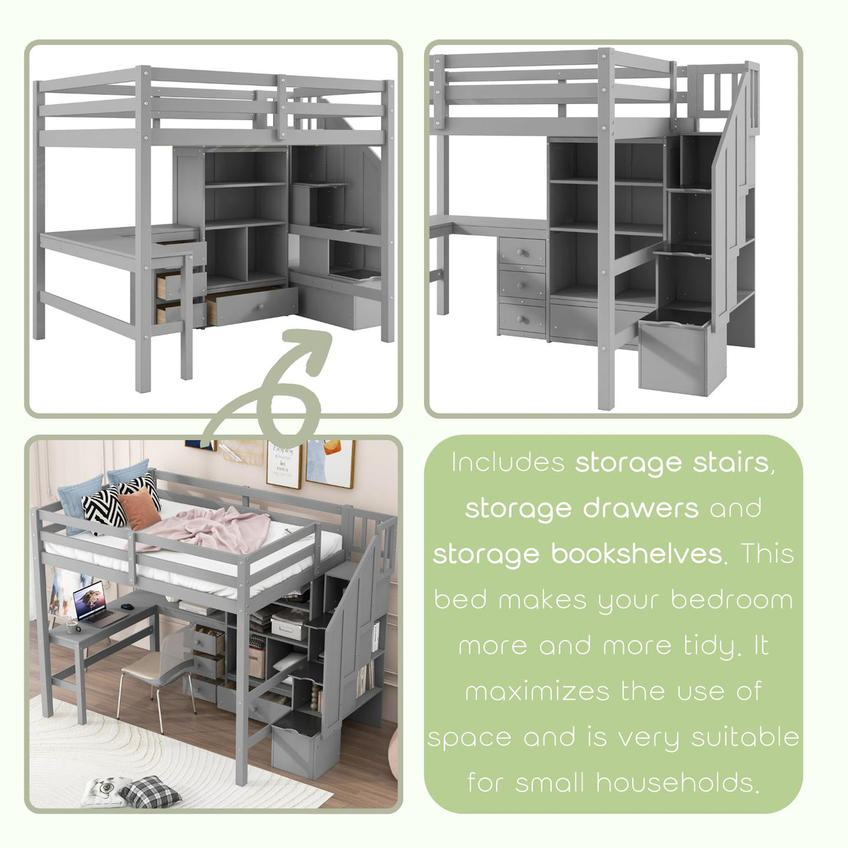 MERITLINE Full Size Loft Bed with L-Shaped Desk,Drawers,Staircase and Bookcase,Solid Wood High Loft Bed with Stairs and Guardrails,for Adults, No Box Spring Needed (Grey,Full) MERITLINE