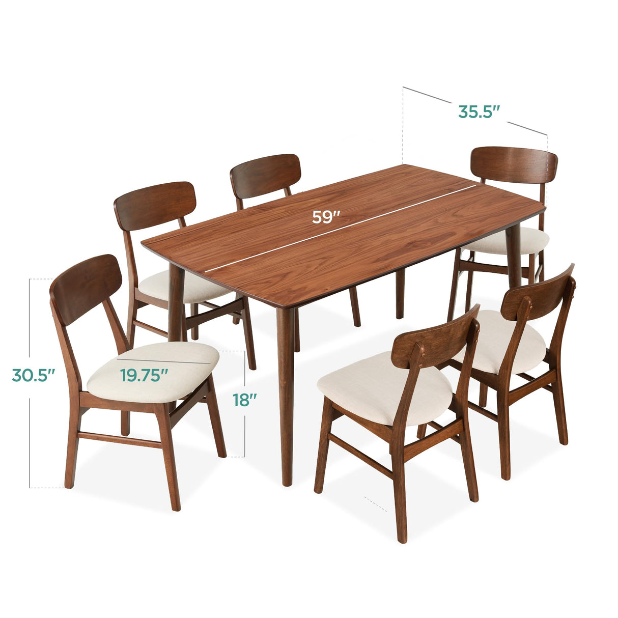 Best Choice Products 7-Piece Wooden Dining Room Table Set, Mid-Century Modern, Kitchen Table w/ 6 Chairs, Upholstered Cushions, Curved Backrests, Rounded Table Corners - Walnut/Cream Best Choice Products