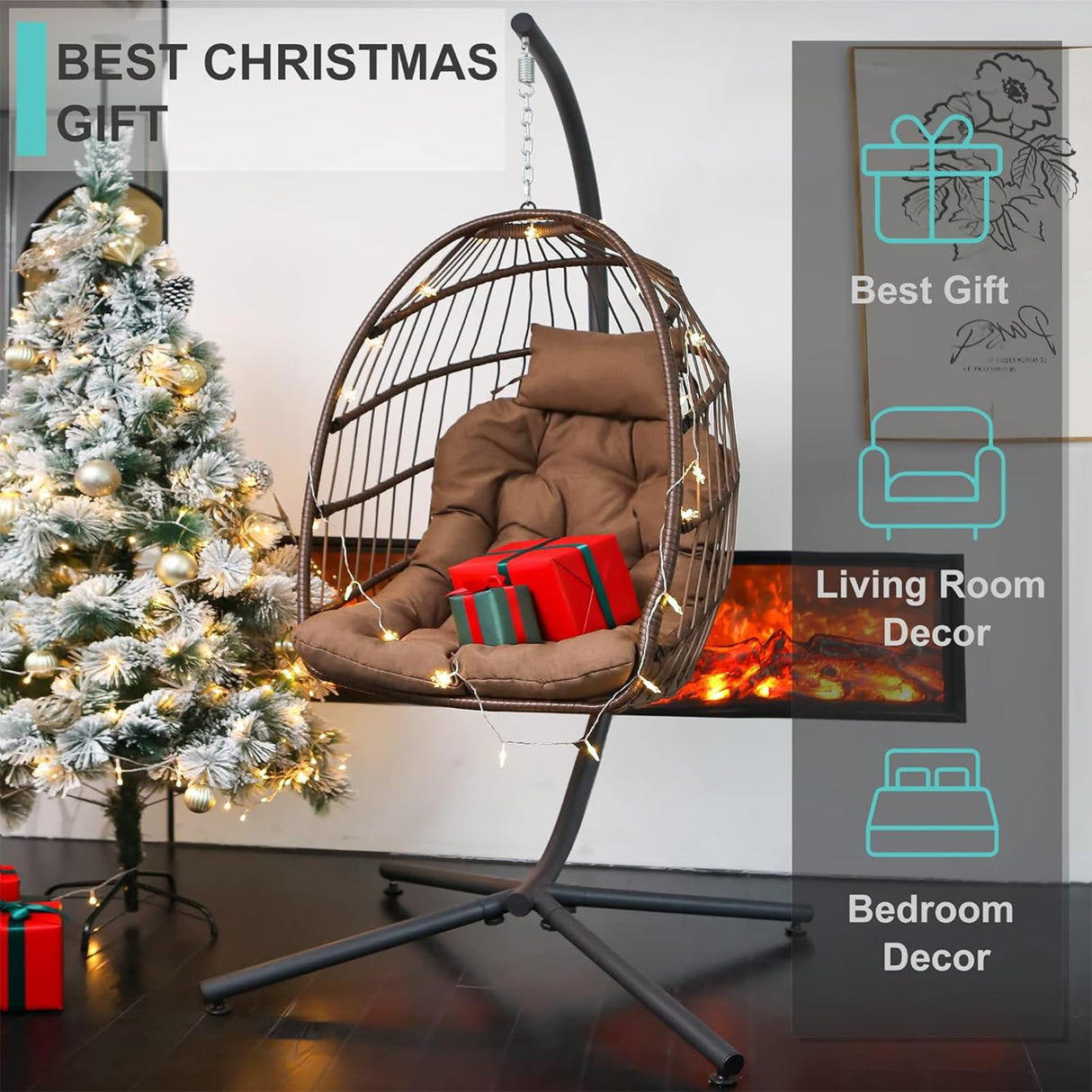 SWITTE Egg Chair Outdoor Indoor with Stand, Hanging Egg Swing Chair with Stand, Wicker Egg Chair with Cushion 350lbs Capacity for Patio (Brown) SWITTE