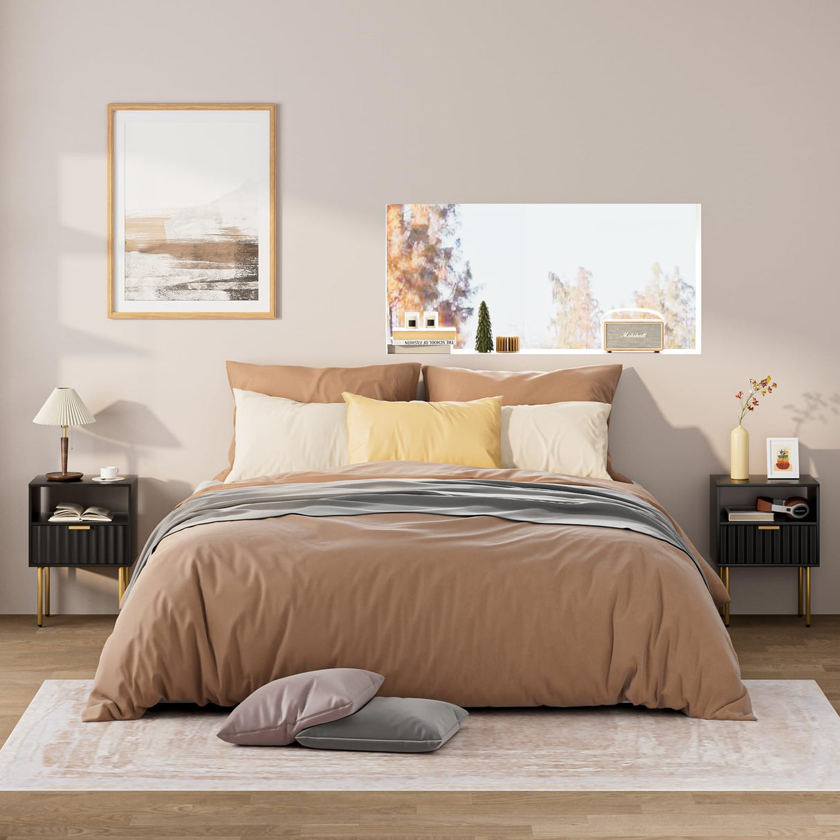 Aienvey Nightstand,Modern Bedside Table with Gold Frame,Black Night Stand,Bedside Furniture, Modern Side Table with Drawer and Shelf for Bedroom,Living Room (Black) Aienvey