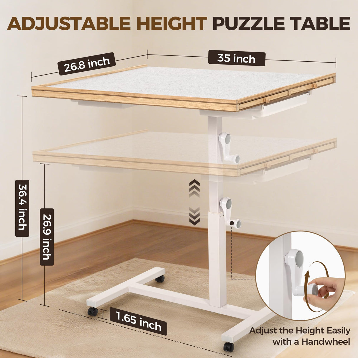 ropoda 1500 PCS Jigsaw Puzzle Table with Drawers and Single-Pedestal,35"x 26.8" Angle & Height Adjustable Wooden Puzzle Borad with 6 Drawers &Cover& 4 Roller Wheels ropoda