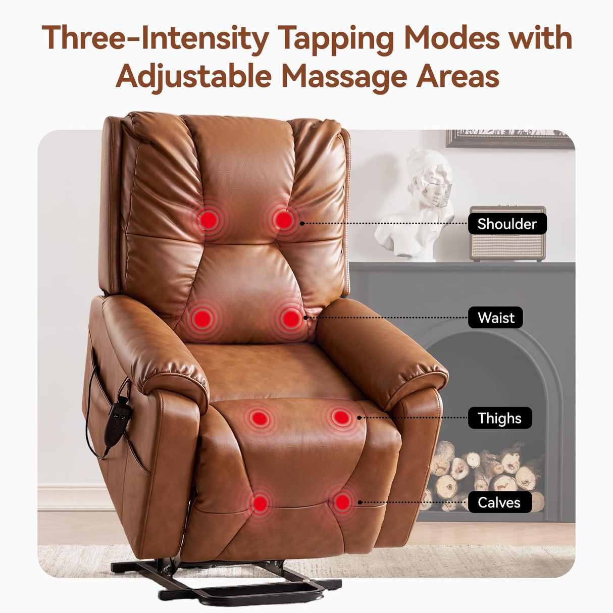 AIRSKY Power Lift Recliner Chair, Faux Leather, with Vibration Massage & Lumbar Heating, Dual Cup Holders & Side Pockets, Ideal for Elderly, Living Room, P3, Brown AIRSKY